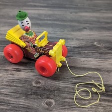 Vintage 60's Fisher-Price Jalopy Clown in Car Pull Toy Antique Makes Sounds 1965