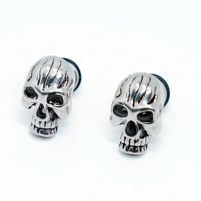 2Pcs Stainless Steel Punk Biker Gothic Skeleton Skull Earrings Stud Ring