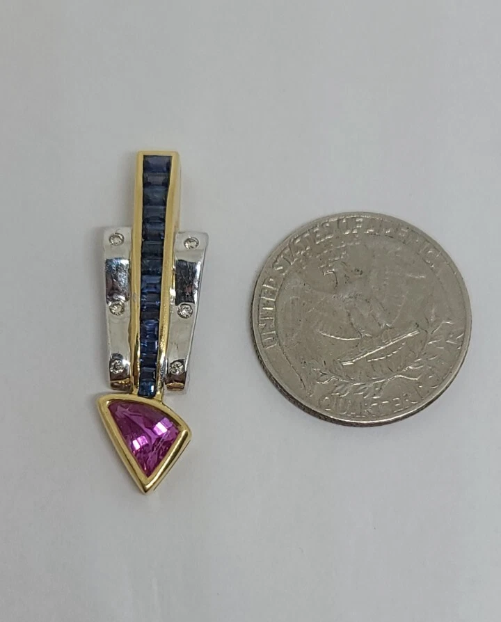 LeVian 18K White & Yellow Gold Natural Blue/Pink Sapphire, Diamond Arrow Pendant - Image 4 of 4
