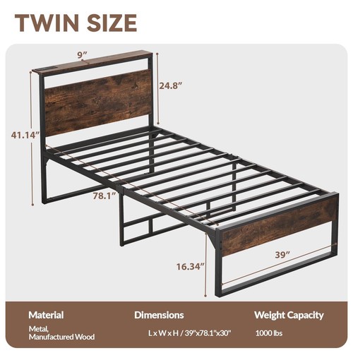 14" Twin Bed Frame with Headboard , Power Outlets Platform Beds for Bedroom, - Picture 7 of 7