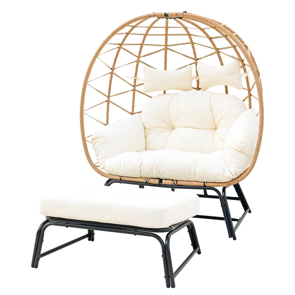 2 Persons Egg Chair Patio Wicker Oversized Lounger w/Stand Cushions Patio Chair - Image 4 of 4