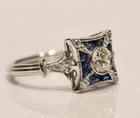 Vintage Art Deco Round Moissanite & Sapphire 14K White Gold Finish Wedding Ring