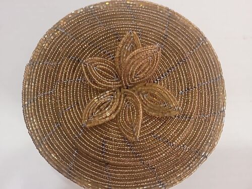 Handcrafted Gold Glass Seed Wire Beaded Jewelry Box Trinket Box Case 5.5" Round - Picture 1 of 10