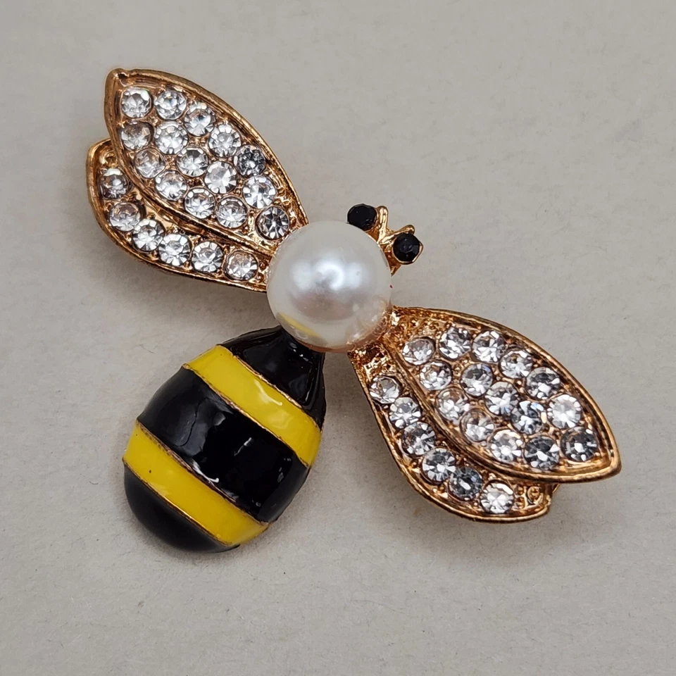 Broche de abeja alfiler disperso imitación perla negro amarillo esmalte pavé pedrería tono dorado Foto 3 de 4