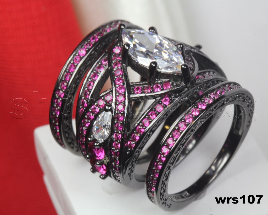 Snow White Pink cz Marquise Black Bridal Fantasy Disney Wedding Ring
