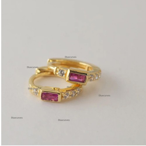Baguette Ruby & Side Diamonds Mini Hoops Earrings In 14K Yellow Gold Minimalist - Picture 9 of 10