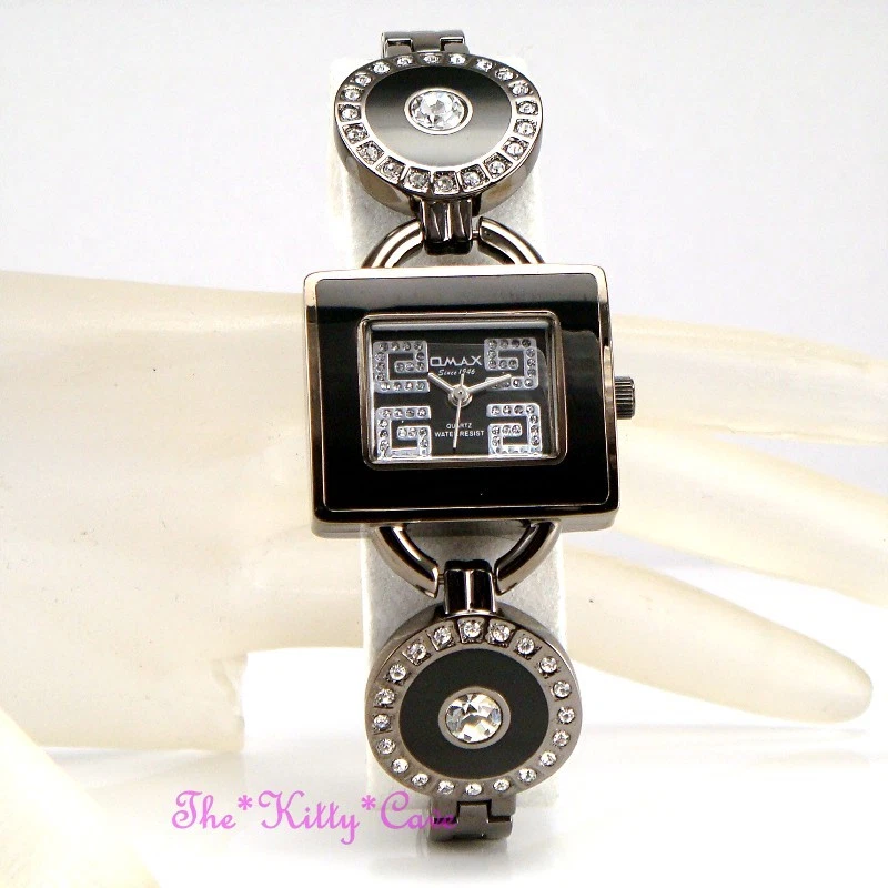 Svizzero OMAX O004 Ematite Grigio & Nero Cristallo Bracciale Seiko Movt Orologio - Immagine 3 di 4