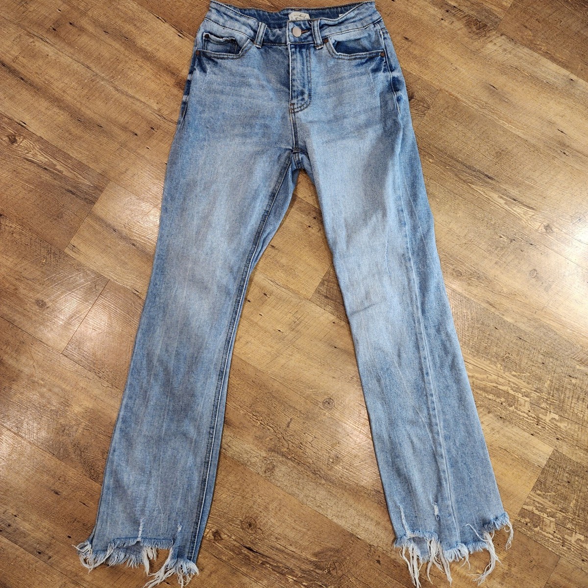 【WONDER WONDER】Odd Damage Slit Wide Light Blue Denim Pants Slim Illusion Bootcut in Pine | 7 For All Mankind