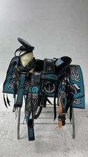 Charro Saddle – Black Leather with Turquoise & Silver Embroidery (15.5”)