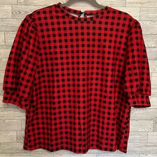 Red/Black Checkered Top Size X-Large Puffed Sleeve Keyhole Back
