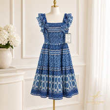NWT Eliza J 20W Blue White Floral Smocked Midi Dress Sleeveless Pockets