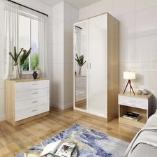 Oak/White High Gloss Bedroom Furniture 3 Piece Trio Set Wardrobe Chest Bedside