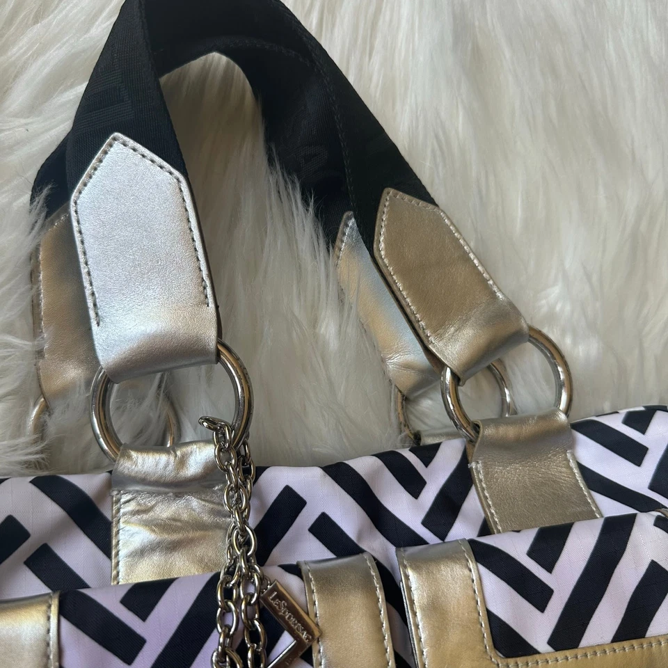 Vintage Y2K Lesportsac Leather Trim Metallic Striped Shoulder Bag Chevron Retro  - Image 4 of 4