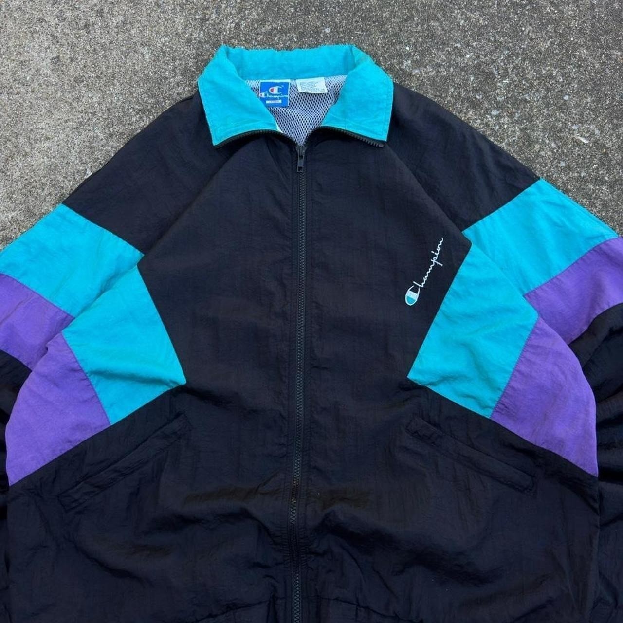 Vintage 90s Champion Windbreaker Black Teal Full Zip Spellout USA Sz Lg d12