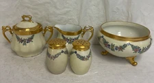 Set of 5 Czech Porcelain Pottery: Cream, Sugar w Lid, Salt & Pepper, Bowl