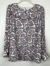 Talbots Top Womens Large Blue Paisley Tunic Top Lined Ruffle Modest Career