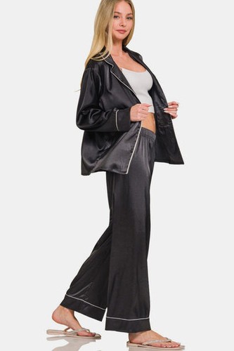 Zenana Satin Long Sleeve Shirt and Pants Pajama Set - Picture 2 of 4