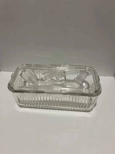 Federal Glass Clear Ribbed Rectangular Refrigerator Dish Box W/ LID Vintage EUC