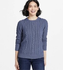 L.L. Bean Women's Double L Cable Sweater MED Blue Crewneck Fisherman Coastal