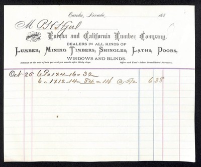 c1884 Eureka and California Lumber Co. California Mining Timbers Billhead Scarce