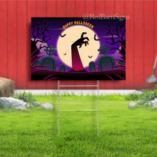 Sticking hand out of graveyard with bats halloween yard sign