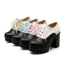 Women Chunky Bolck High Heel Lace Up Dress Pumps Casual Platform Saddle Shoes