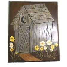 Vintage Wooden Funny OOAK Hand painted Outhouse Daisies Plaque