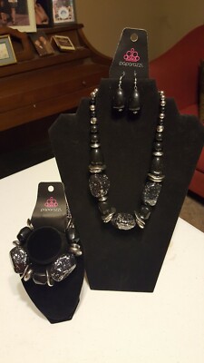 Paparazzi Black Marbled Stones Necklace with silver accents, matching bracelet
