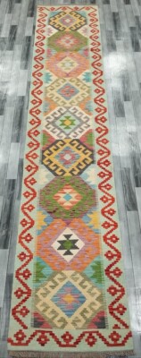  Handgefertigter Afghan/Türkischer Kelim Teppich, Wolle Azteken Kelim Teppich, Größe 420x84 CM