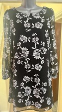 Primark~Lovely Floral Black & White Lined Mini Dress Chiffon Sleeves~Size 8~VGC