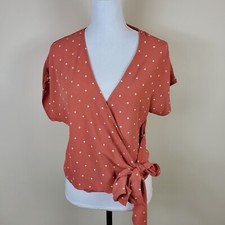 Madewell Womens Top S Brown Polka Dot Print Sash-Tie Wrap V Neck Shirt Blouse