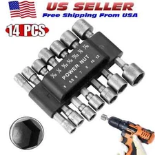 14PC POWER Nut Driver Drill Bit Set Socket Bit Adapter metric & SAE Socket for W