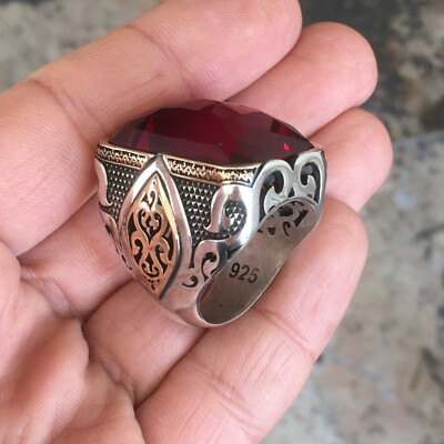 925 Sterling Silver Mens Ring 925 Ruby Red Zirconia Big Statement
