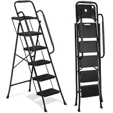 5 Step Ladder w/ Handrails Folding Step Stool Anti-Slip Pedal w/Tool Tray Black
