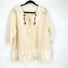 Boutique Women's Embroidered Lace Trim Tie Front Peasant Blouse Cream Size 3XL