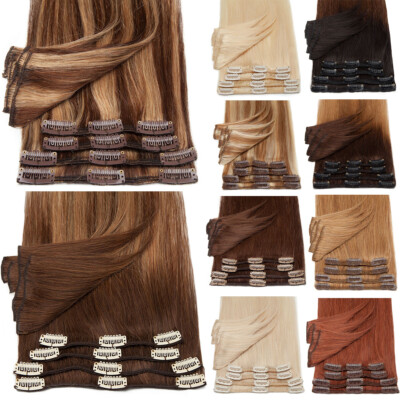 100% Real Soft 8PCS 18CLIPS Weft Clip In Remy Human Hair Extensions Full Head US