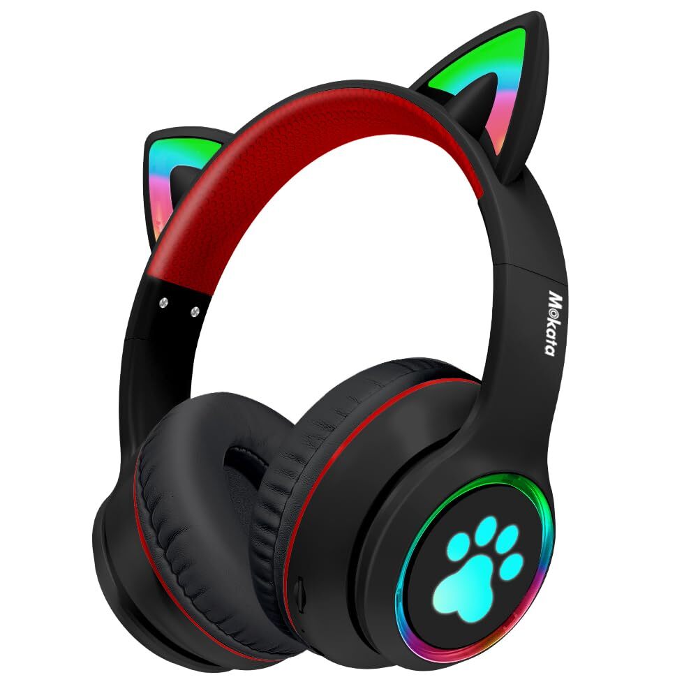 Mokata Cat Ear Wireless Headphones Bluetooth 5.3 60H Playtime LED Lights Over-Ear Gaming Headset