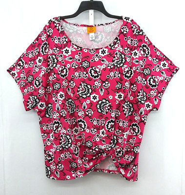 Ruby Rd. Blouse Women Size 3X Pink Floral Short Sleeve Boat Neck Tie Knot Front