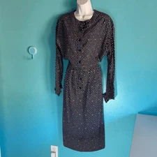Nina Ricci Vintage 1980's Silk Midi Dress Navy Diamond Pattern L Made in France