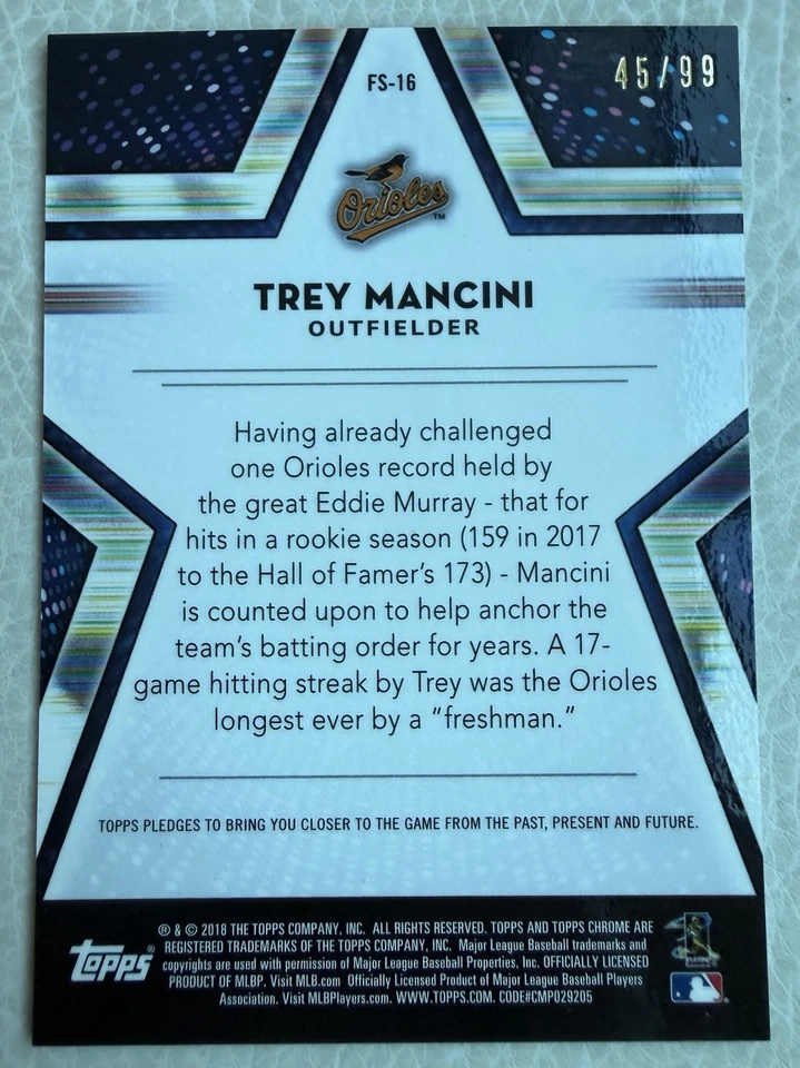2018 Topps Chrome TREY MANCINI Future Stars Green Refractor /99! #FS-16, Orioles - Image 2 of 2