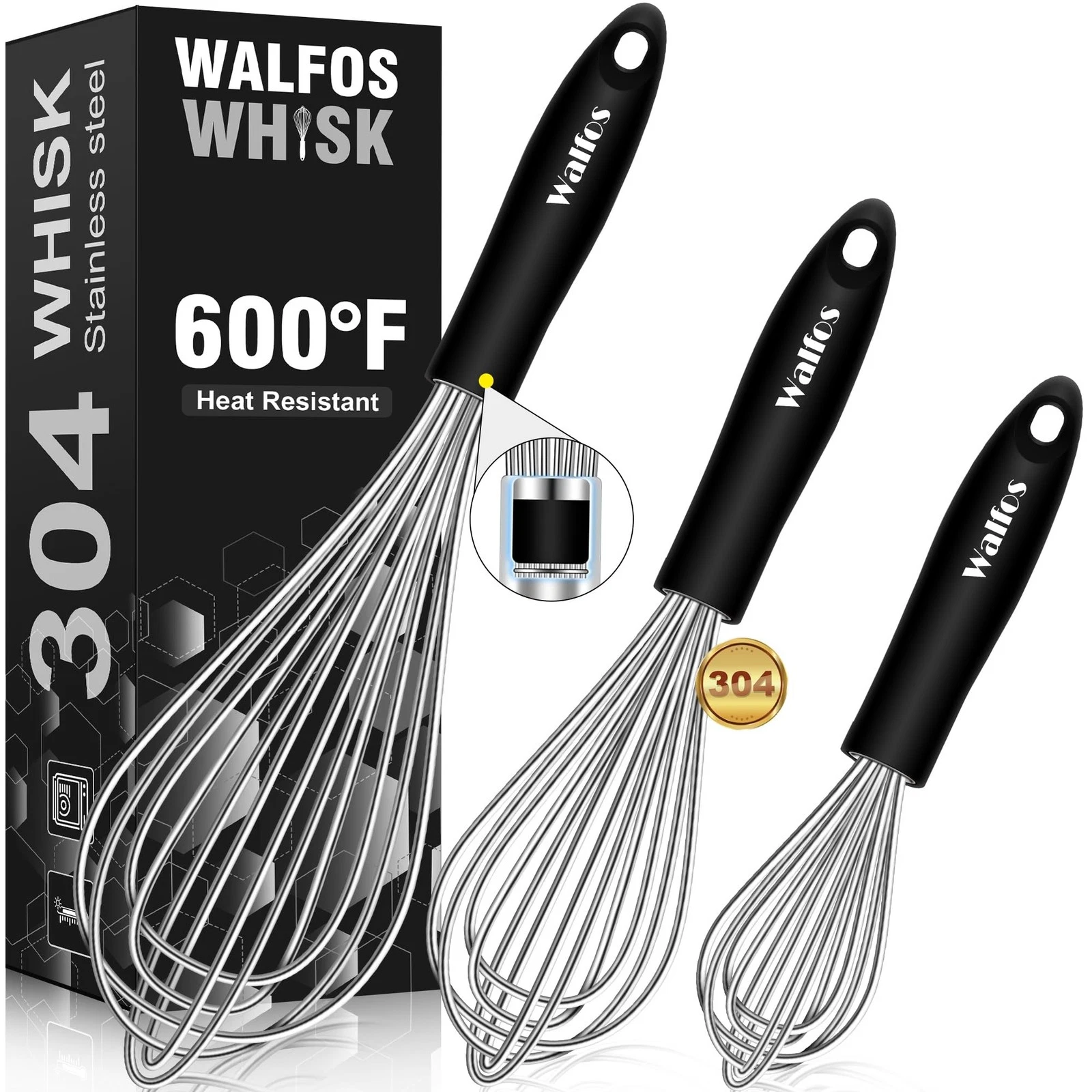 Stainless Steel Wire Whisk Set - 3 Packs Balloon Whisk, Thick Wire Wisk ＆ Str...