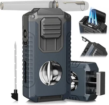 All-in-One Cigar Torch Lighter with V Cigar Cutter,Holder,Jet Flame Christmas Gi