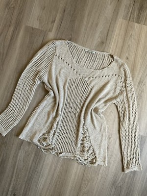 Cottagecore Boho Large Long Sleeve Cut Open Crochet Lace Artsy Fairy Beige Beach