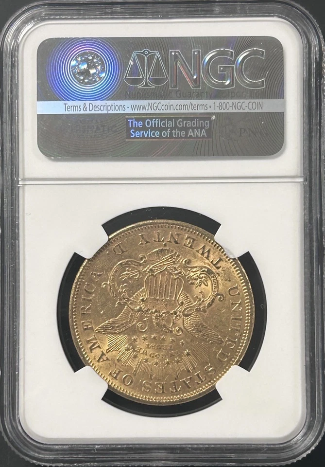 1876-S $20 Gold Liberty NGC AU58 CAC Granite Lady Hoard San Francisco Mint - Image 2 of 4
