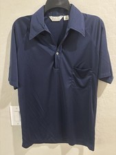 Vintage Lilly Dache Button Shirt Dagger Collar Medium Navy Blue 70s Disco Party