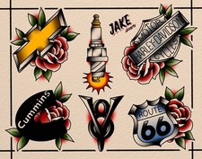 American Traditional Neo Traditional Truck And Harley Brand Tattoo Flash 11x14