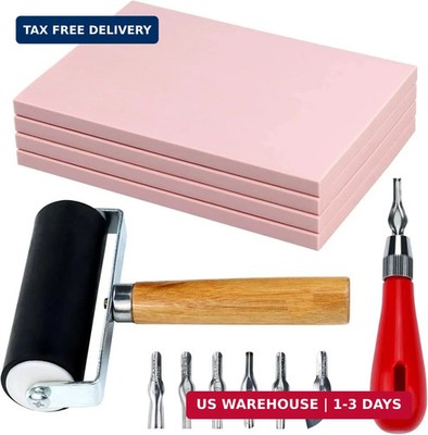 6 Pack Linocut Kit for Printmaking - Stamp Making Kit, 4Pcs 4''x6'' Rubber Linoleu