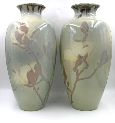 HUGE 16" Rookwood Pottery High Glaze Magnolia Vase Pair Loretta Holtkamp 1950