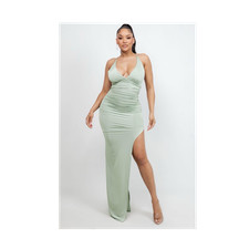 Green Ruched Bodycon Maxi Dress Halter Backless Slit Strappy Tie Size M