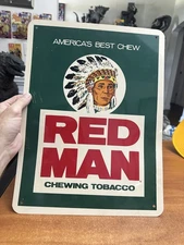 VINTAGE ORIGINAL RED MAN CHEWING TOBACCO VINYL PLASTIC ADVERTISING SIGN 16 X 12